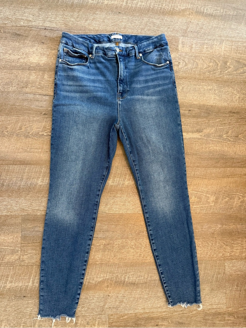Good American Good Legs Skinny Jeans Raw Hem High Rise Medium Wash Size 12
